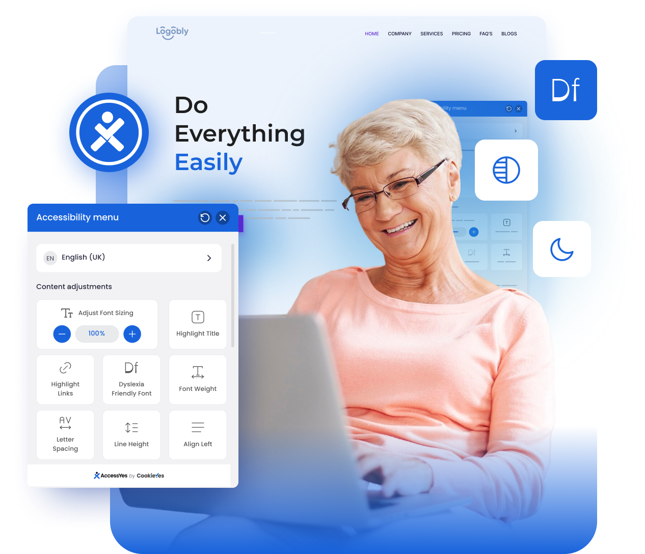 The AccessiYes accessibility widget panel open on a webpage, showing options grouped into Content (Font Size, Dyslexia Font, Letter Spacing), Colour (Dark Mode, High Contrast, Monochrome), and Navigation (Big cursor, Reading guide, Pause Motion), with the blue widget button visible in the bottom-right corner