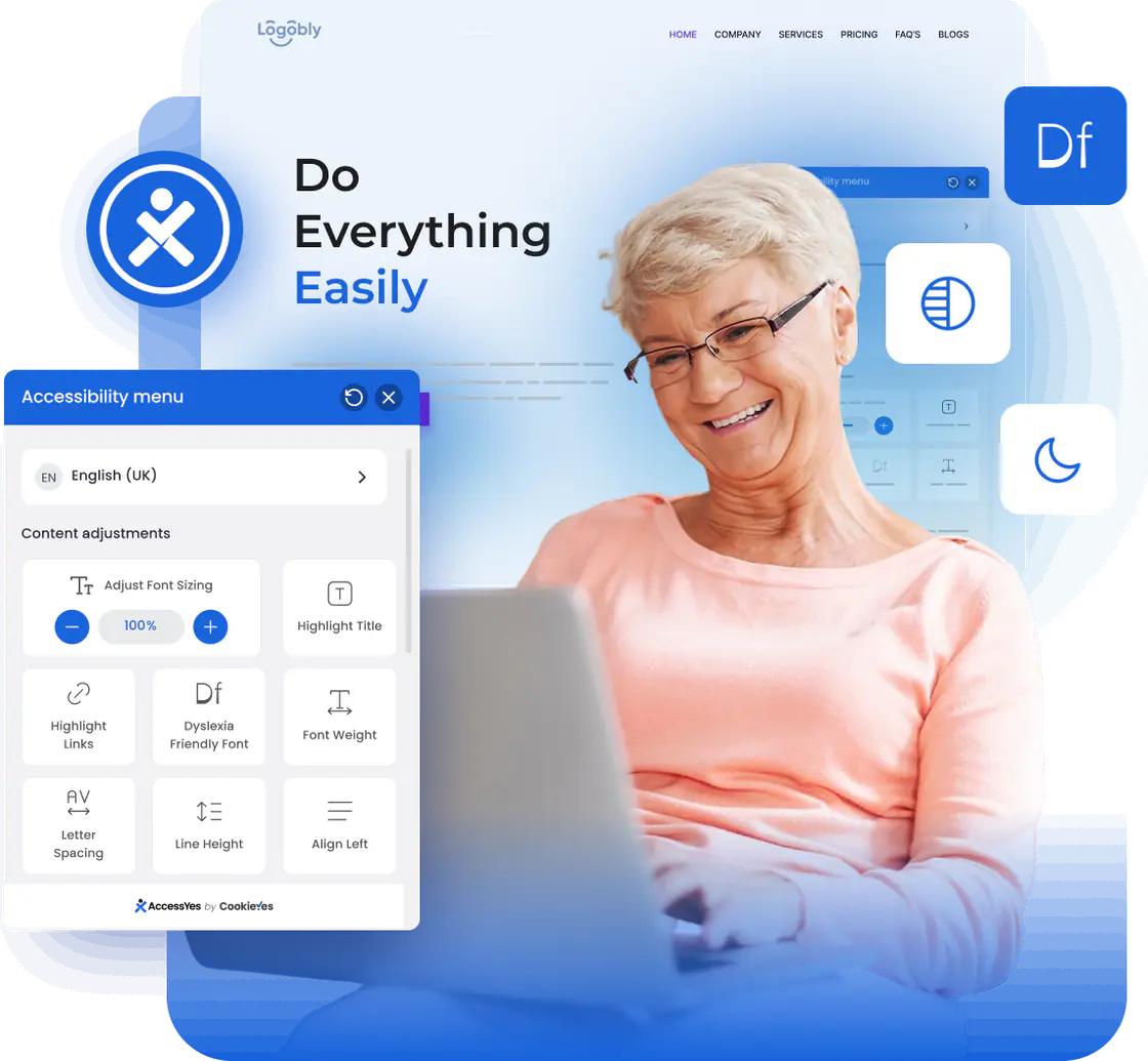 The AccessiYes accessibility widget panel open on a webpage, showing text, colour, and navigation controls